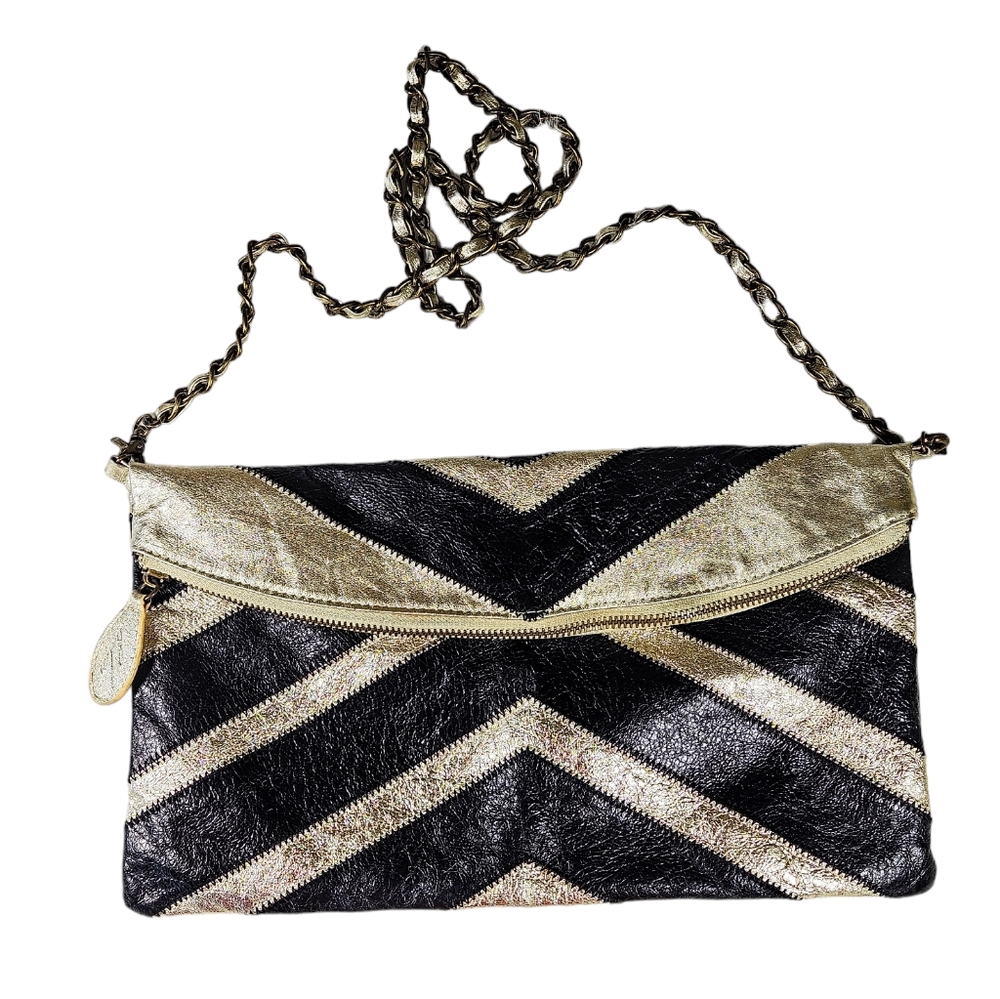 Vintage Helena De Natalio Metallic Gold Black Crinkled Leather Clutch Crossbody